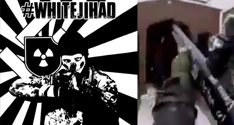 Mem reklamujący Atomwaffen Division i zdjęcie z ataku Brentona Tarranta na meczet w Christchurch. Salaficki dżihadyzm i neonazizm