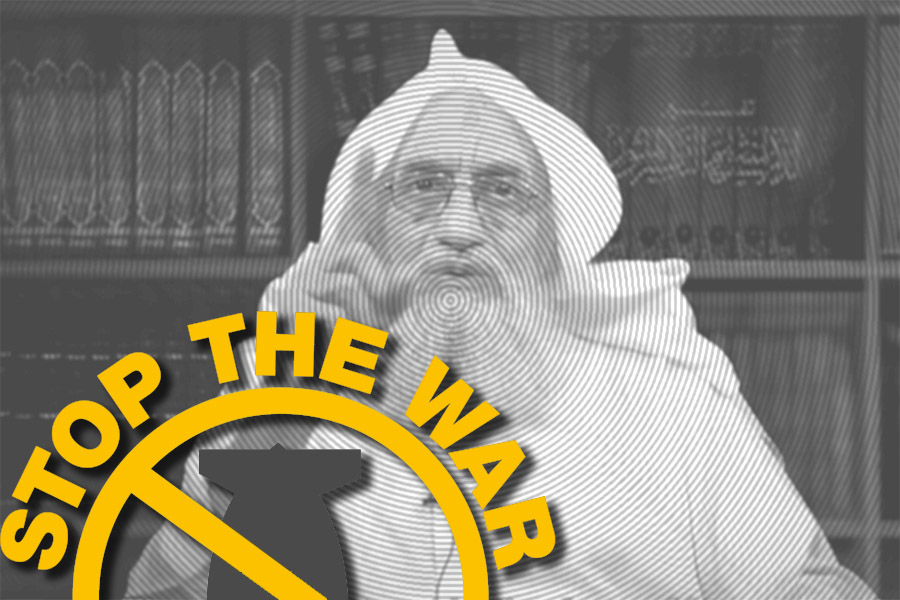 Al-Zawahiri i logo lewicowej koalicji przeciwko wojnie, w skład protestów, której wchodzili często islamiści. (zdj. wikimedia)