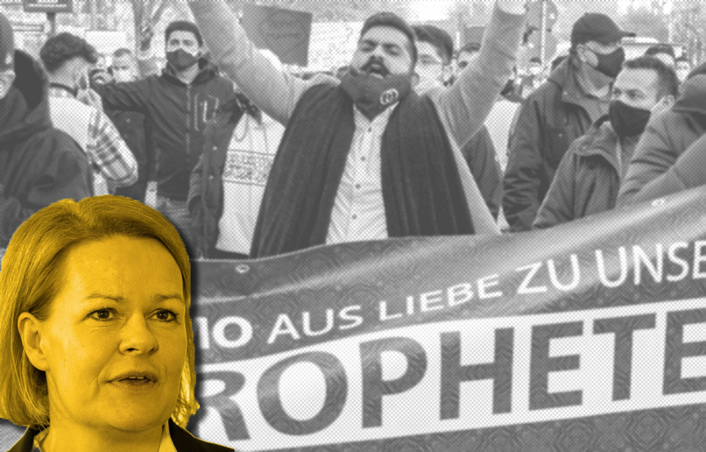 MInister spraw wewnętrznych Nancy Faeser na tle demonstracji isamistów (wikimedia)